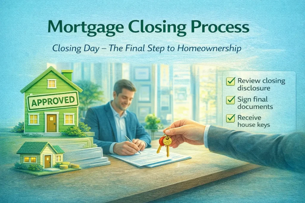 Illustration of a mortgage closing process, showing a hand offering house keys and a person reviewing documents at a table.