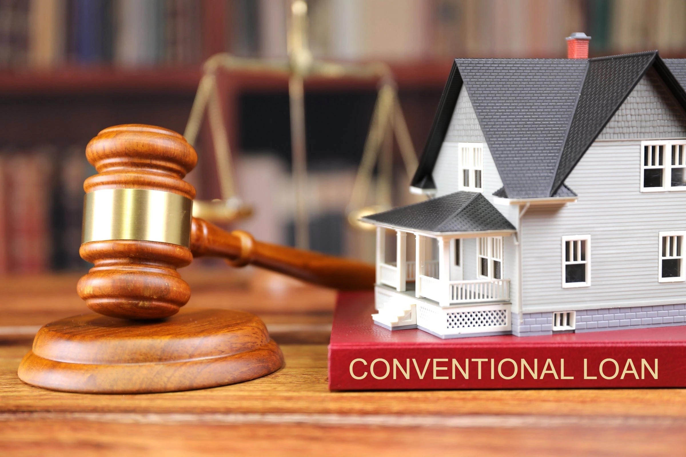 A wooden gavel rests on a table next to a model house and a book titled "CONVENTIONAL LOAN," symbolizing legal aspects of home financing.