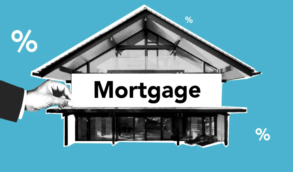 A graphic showing a house with the word "Mortgage" prominently displayed, featuring a hand holding the sign and decorative percent symbols.