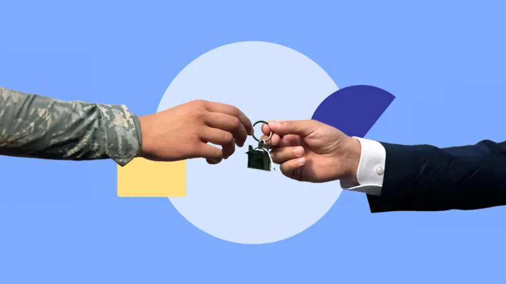 A military hand and a suited hand exchange a keychain against a colorful background, symbolizing transition or support.