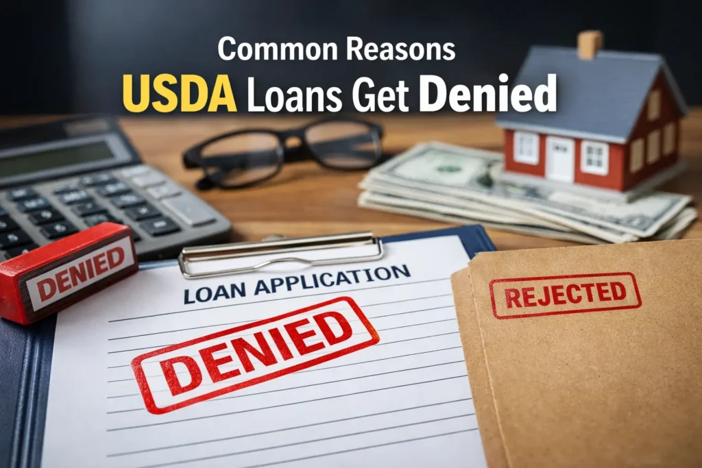A loan application marked "DENIED" beside a calculator, money, glasses, and a toy house, highlighting common USDA loan rejection reasons.