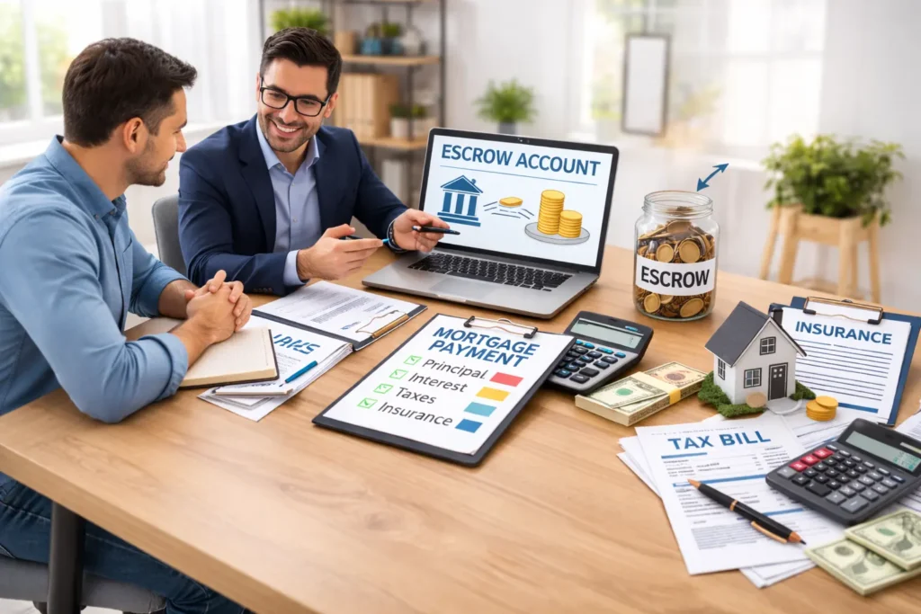Two men discuss important financial documents related to mortgage payments, escrow accounts, and insurance at a wooden table with a laptop.
