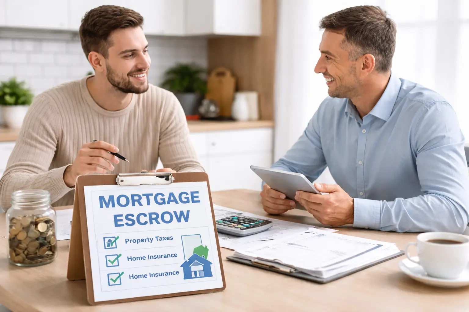 Two individuals discuss mortgage escrow details at a table, with a clipboard displaying key points about property taxes and home insurance.