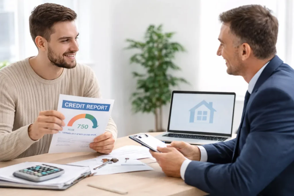 A person holds a credit report with a score of 750 while discussing it with another individual over a desk, laptops and papers present.