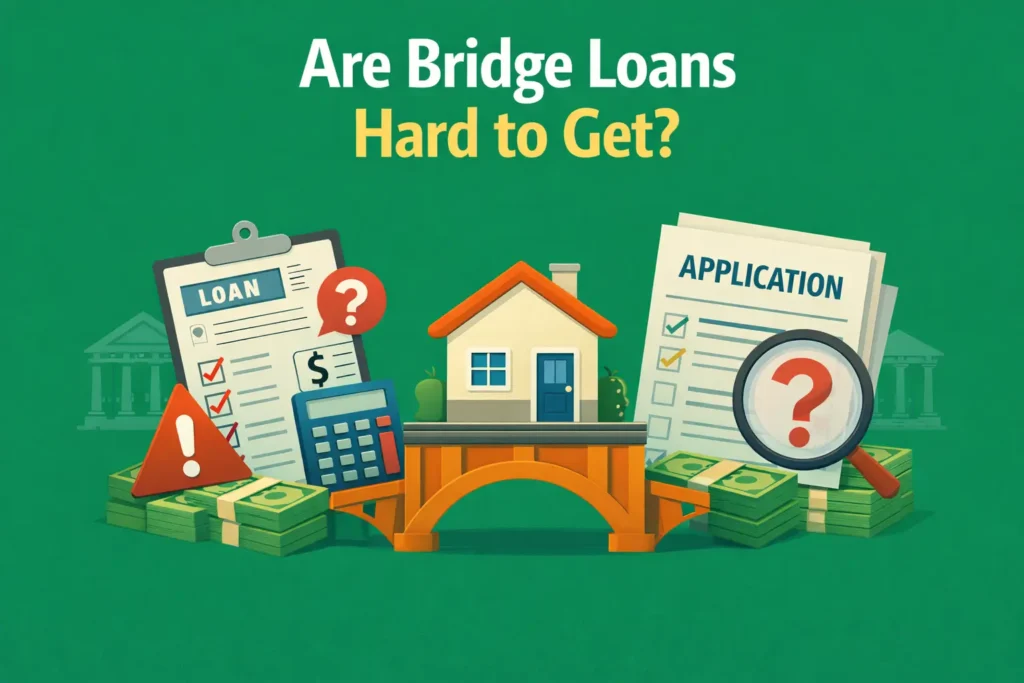 Illustration showing a house on a bridge with loan and application documents, calculator, money stacks, and question marks about bridge loan difficulty.