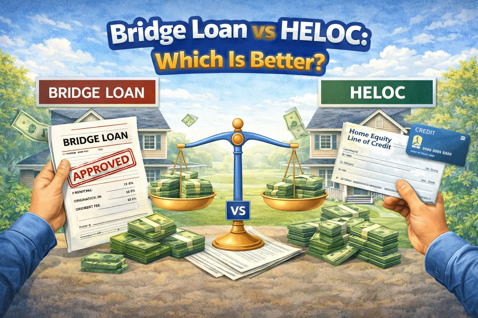 Scale balancing stacks of money with a bridge loan approval on left and a HELOC check and credit card on right, comparing loan options.