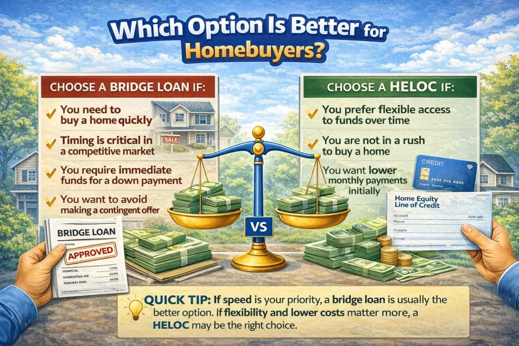 Comparison infographic showing when homebuyers should choose a bridge loan versus a HELOC, highlighting speed versus flexibility and cost.