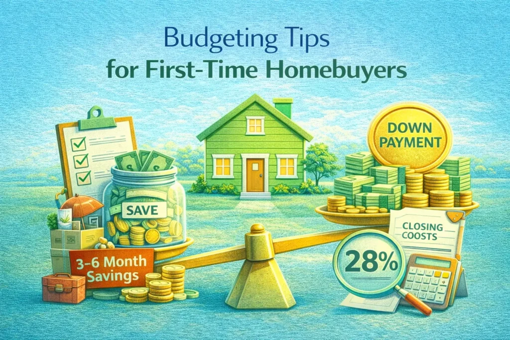 Graphic illustrating budgeting tips for first-time homebuyers, featuring a house, savings jar, and financial terms like "down payment" and "closing costs."