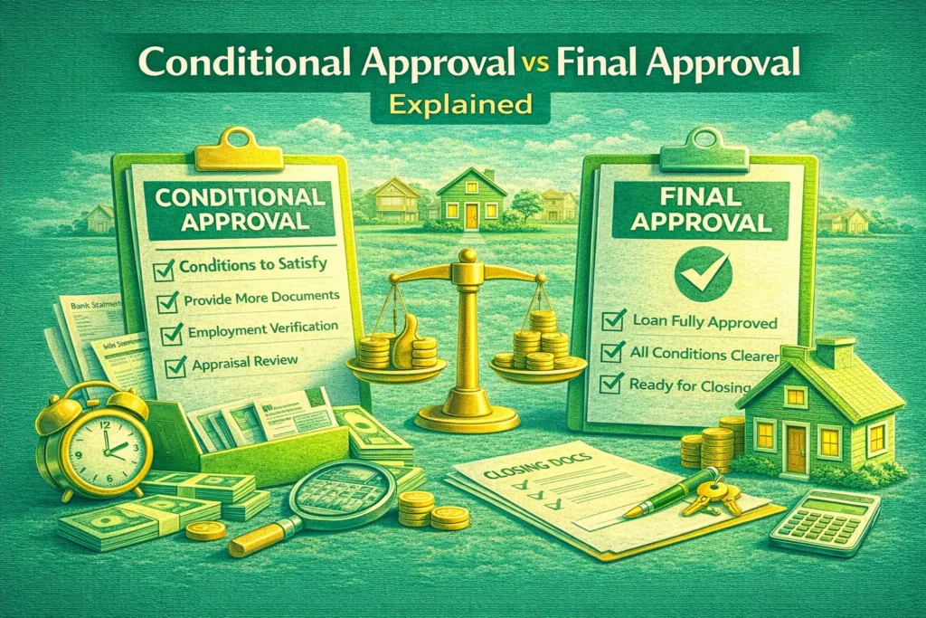 Illustration comparing conditional vs final approval in loans, showing checklists, documents, money, and a house for each stage.