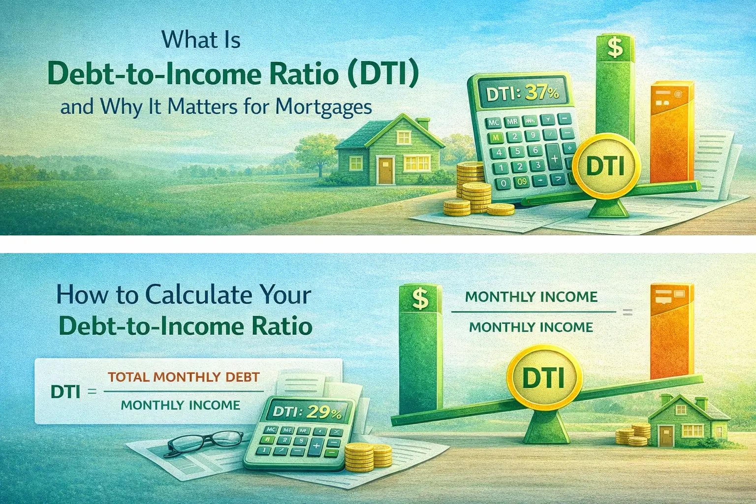 Illustration explaining Debt-to-Income Ratio (DTI) for mortgages, featuring calculations and visual elements related to income and debt.