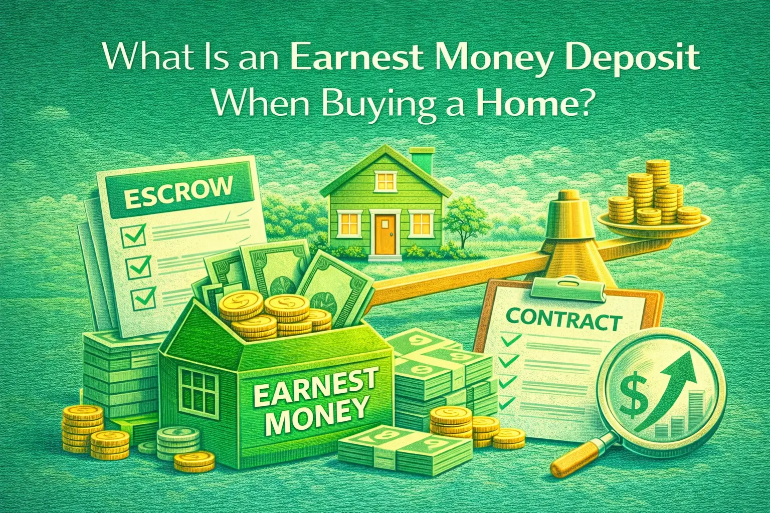Illustration explaining earnest money deposit in home buying, featuring escrow, contract, cash, house, and a balance scale with coins.