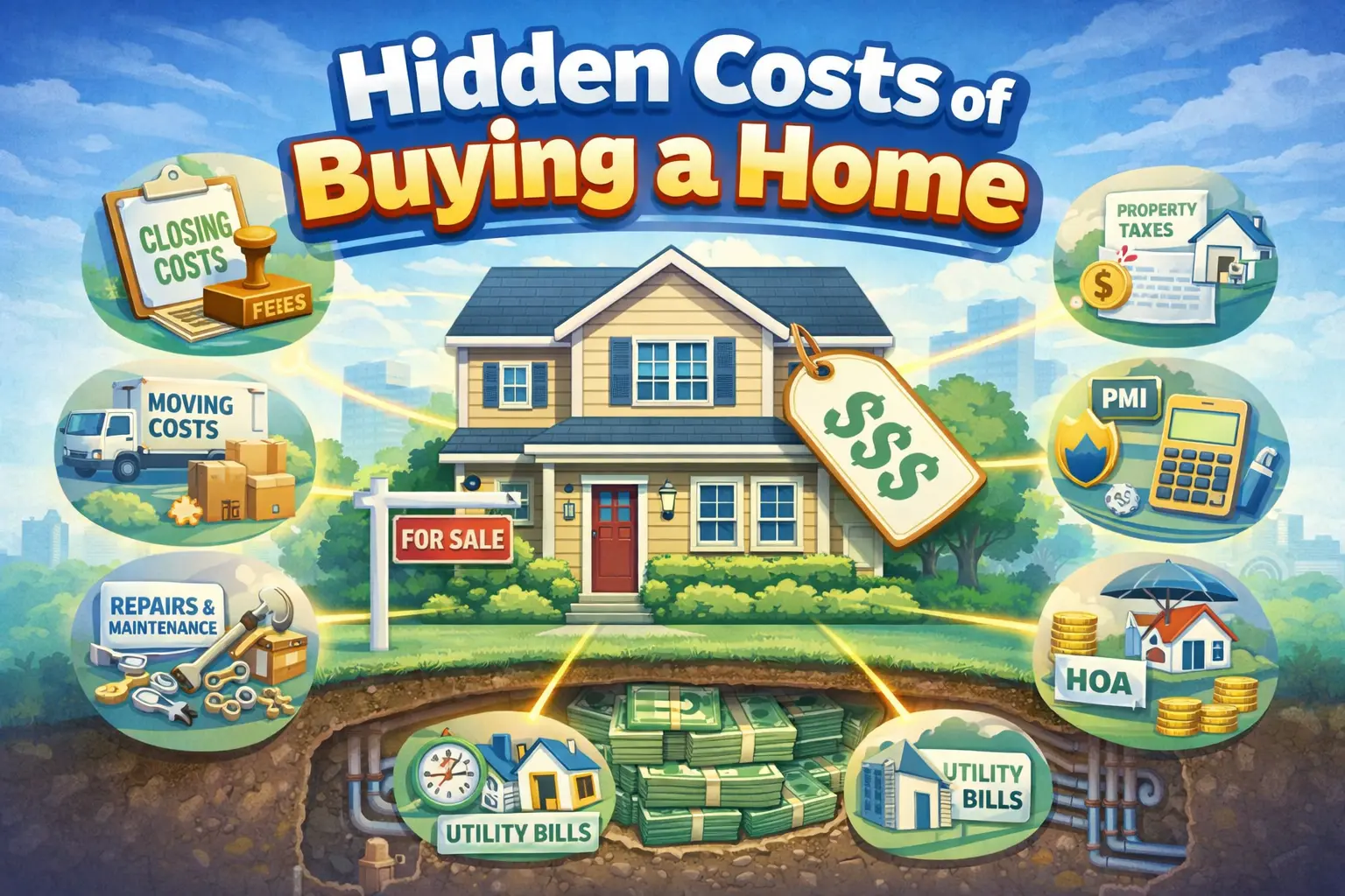 Illustration showing hidden costs of buying a home, including closing, moving, repairs, property taxes, HOA fees, PMI, and utility bills.