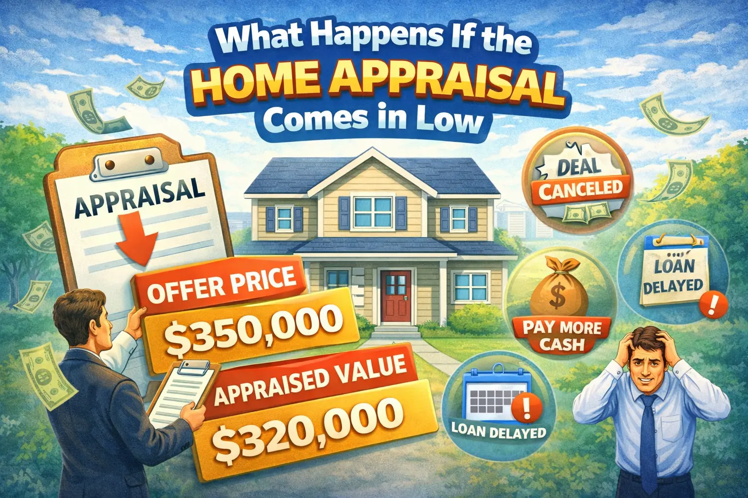 Illustration showing consequences of a low home appraisal: offer $350K, appraised $320K, causing canceled deal, delayed loan, and paying more cash.