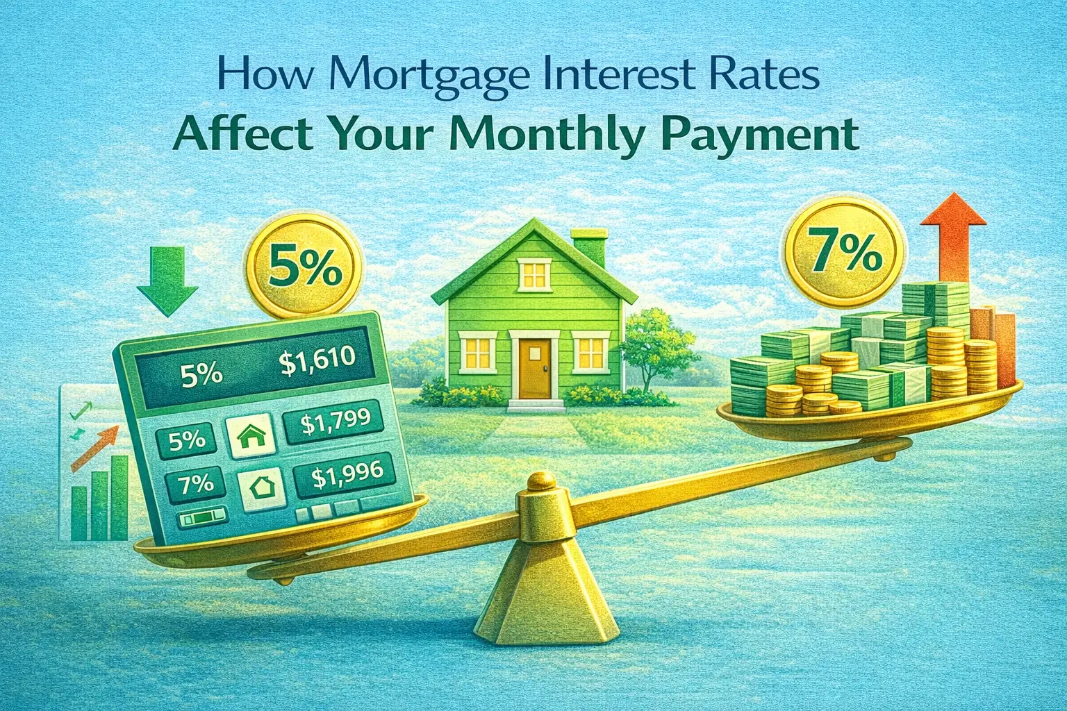 Infographic illustrating how mortgage interest rates (5% vs. 7%) impact monthly payments, featuring a balance scale, house, and financial data.