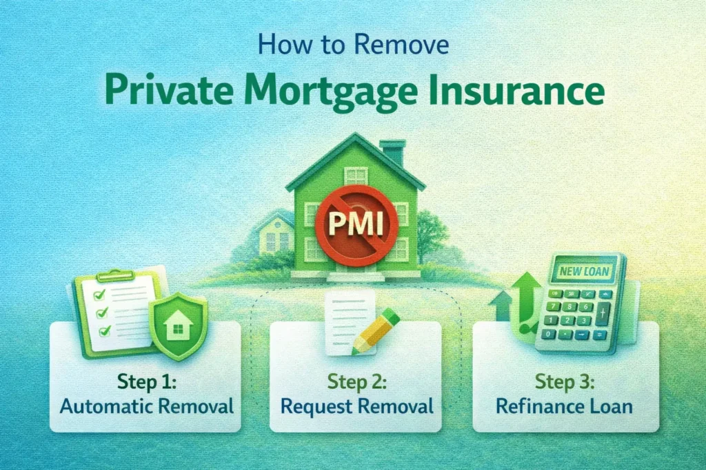 Illustration showing steps to remove Private Mortgage Insurance: Automatic removal, request removal, and refinance loan.