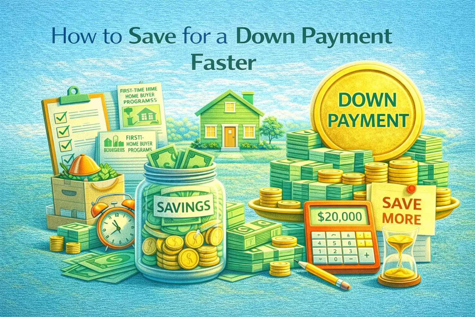 Illustration showing saving money faster for a down payment with cash, savings jar, calculator, checklist, and house in the background.