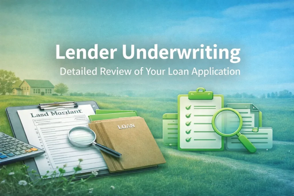 Illustration of a loan application review process, featuring a clipboard, magnifying glass, documents, and a calculator against a serene landscape backdrop.