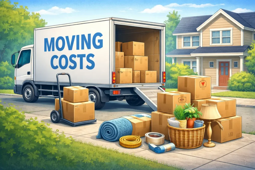 Moving truck labeled "MOVING COSTS" parked outside a house with packed boxes, a dolly, a rolled carpet, and household items.