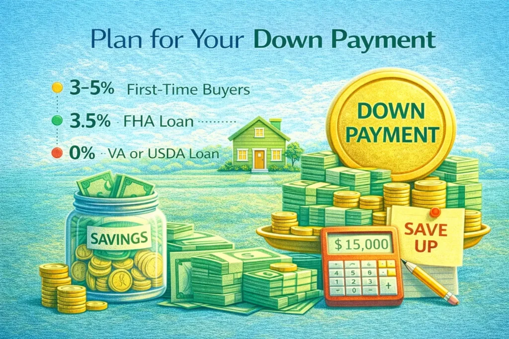 Infographic showing down payment options: 3-5% for first-time buyers, 3.5% FHA loan, 0% VA/USDA loan, with savings depicted in cash and coins.