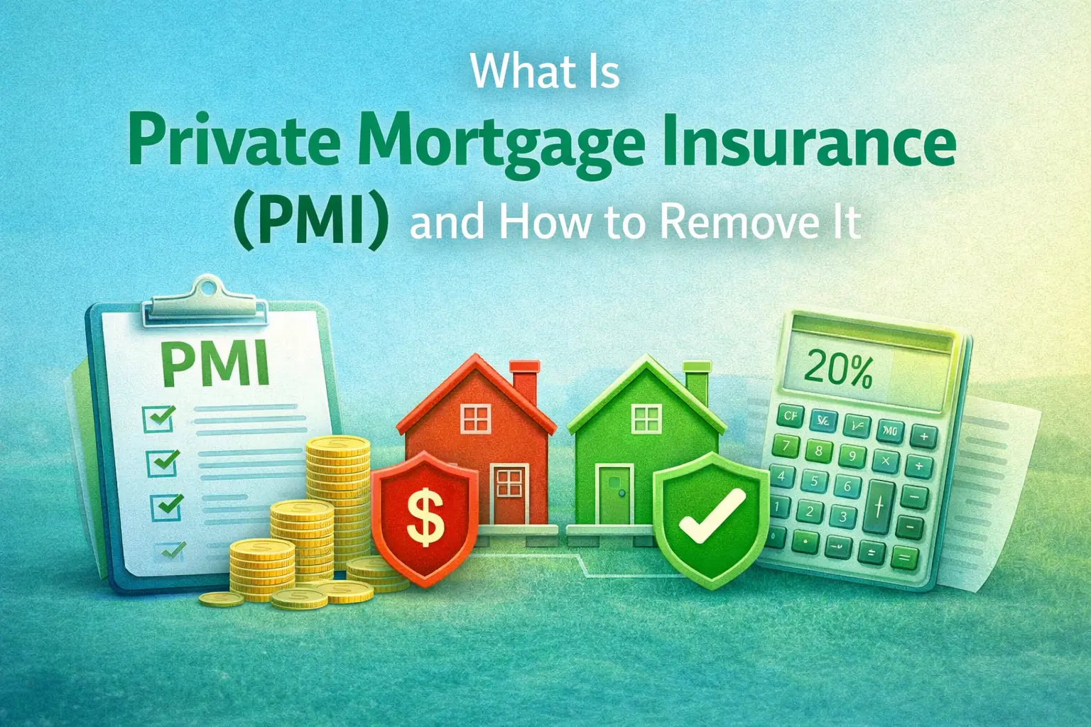 Graphic explaining Private Mortgage Insurance (PMI), featuring icons of houses, coins, and a calculator with the title prominently displayed.