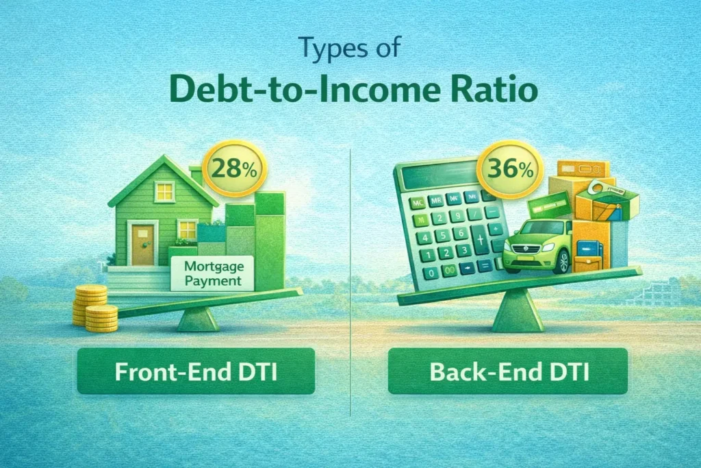 Illustration of Debt-to-Income Ratios: Front-End DTI at 28% (mortgage) and Back-End DTI at 36% (total debt).