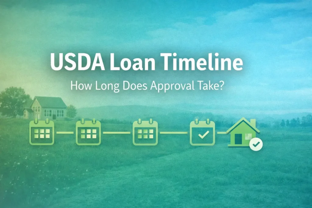 Graphic illustrating the USDA Loan timeline with icons for calendars and a house, asking, "How Long Does Approval Take?"