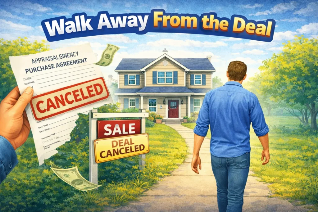 Man walks away from house with "Sale Deal Canceled" sign and canceled purchase agreement in hand, with text "Walk Away From the Deal."
