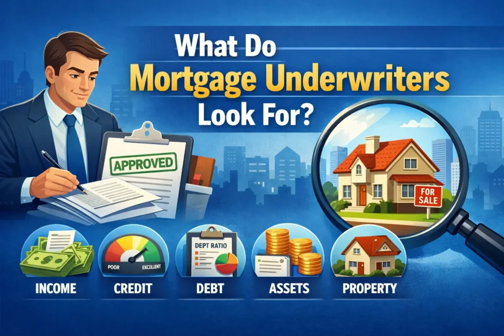 Illustration showing what mortgage underwriters look for: income, credit, debt, assets, and property with a house under a magnifying glass.