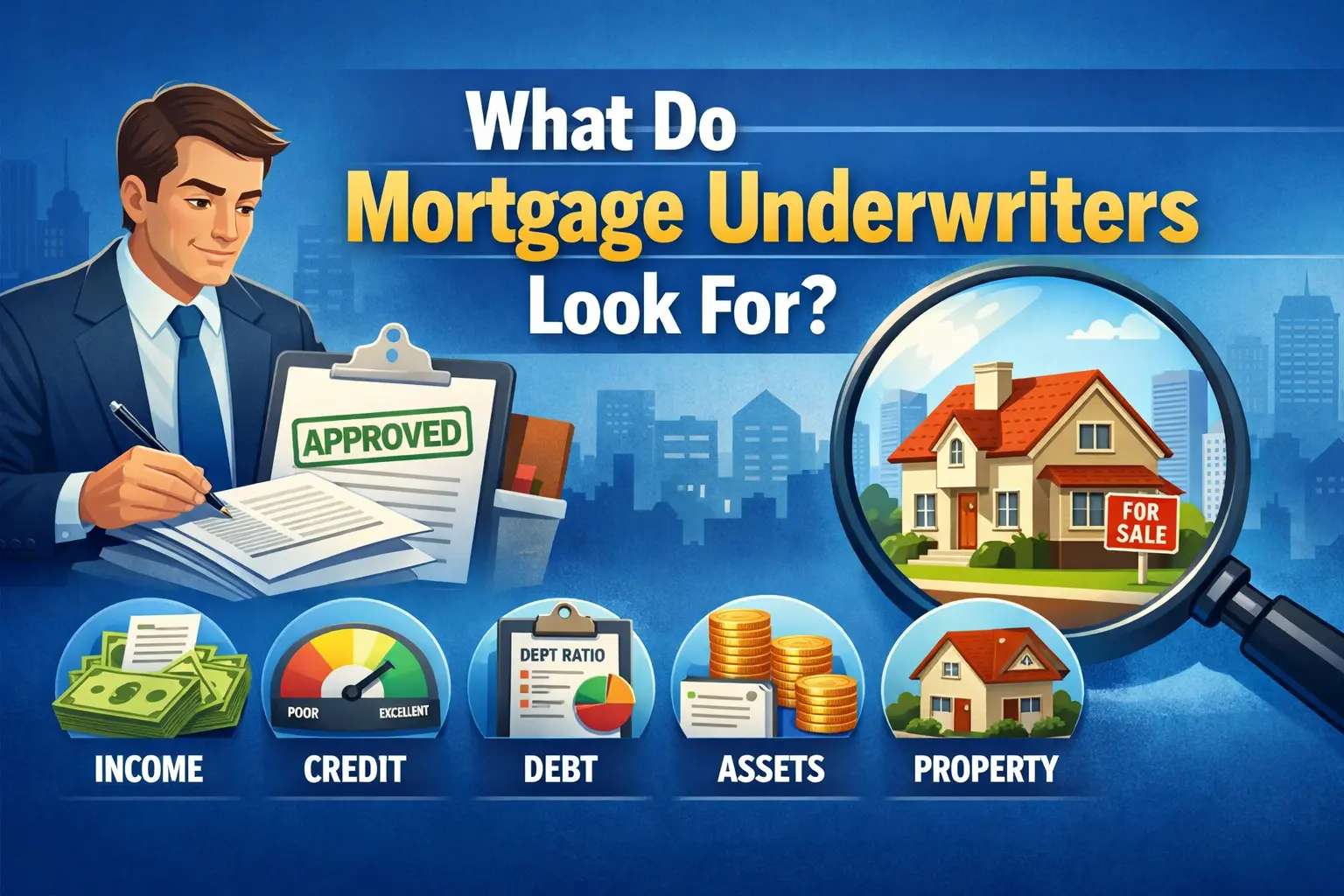 Illustration showing what mortgage underwriters look for: income, credit, debt, assets, and property with a house under a magnifying glass.