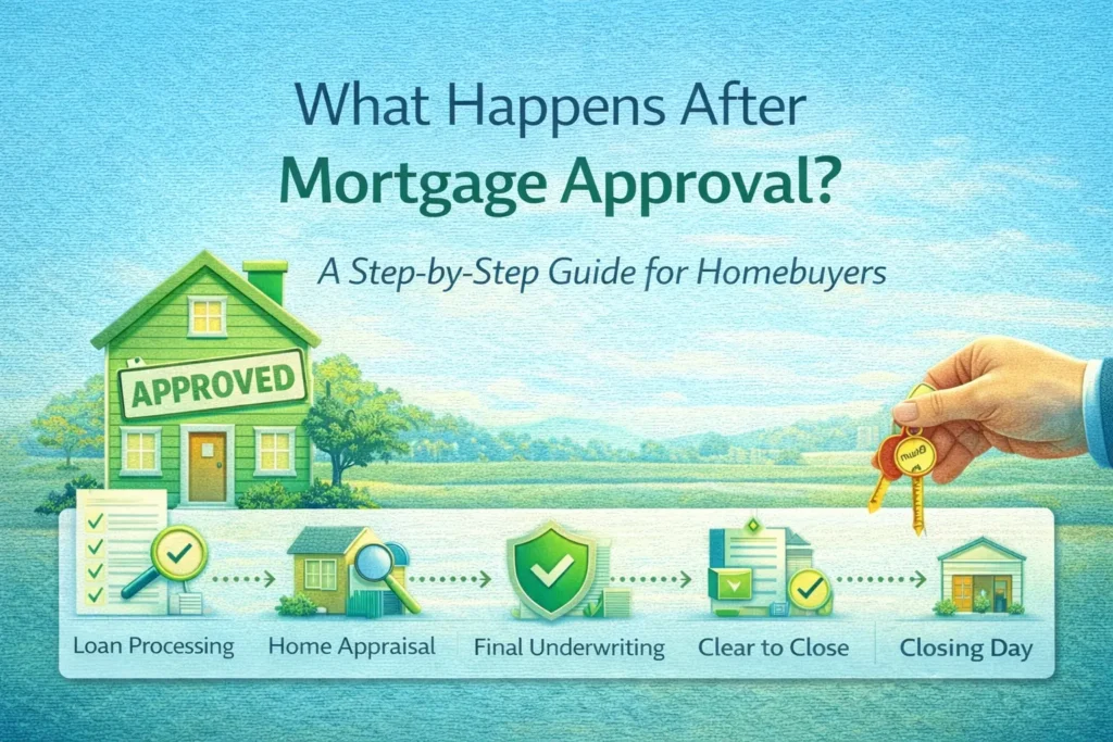 Diagram illustrating steps after mortgage approval: Loan processing, home appraisal, underwriting, clear to close, and closing day.