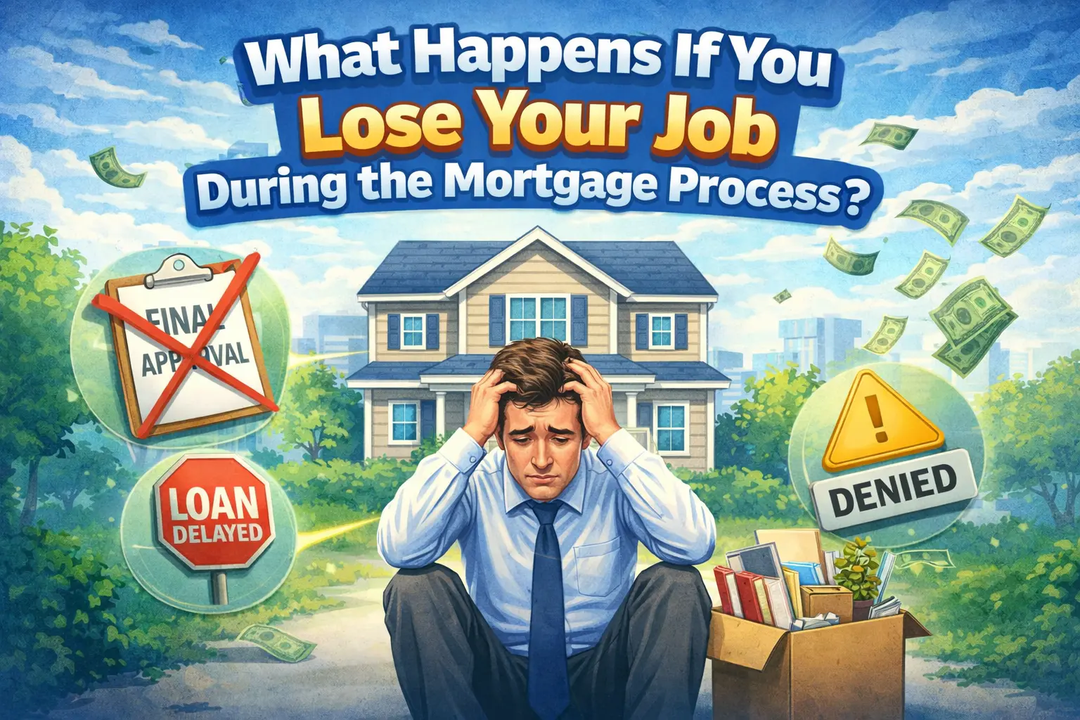 Stressed man sitting in front of house with job loss and mortgage loan issues like final approval denied and loan delayed.