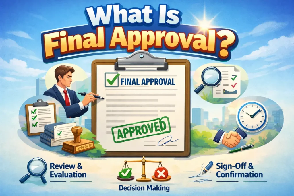 Illustration showing the concept of final approval involving review, evaluation, decision making, and sign-off with stamps, checklists, and handshake.