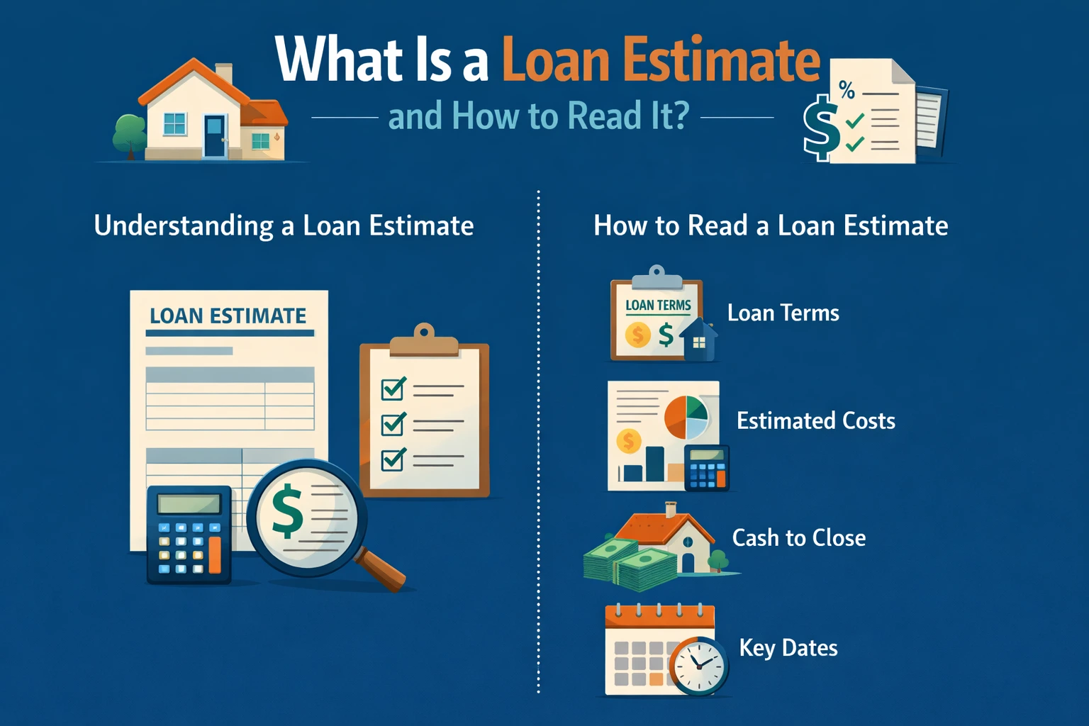 Infographic explaining what a loan estimate is, its components, and how to read loan terms, estimated costs, cash to close, and key dates.