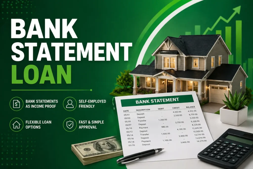 Alt text: Illustration of a house, bank statement, calculator, and dollar bills promoting bank statement loans with flexible options and fast approval.