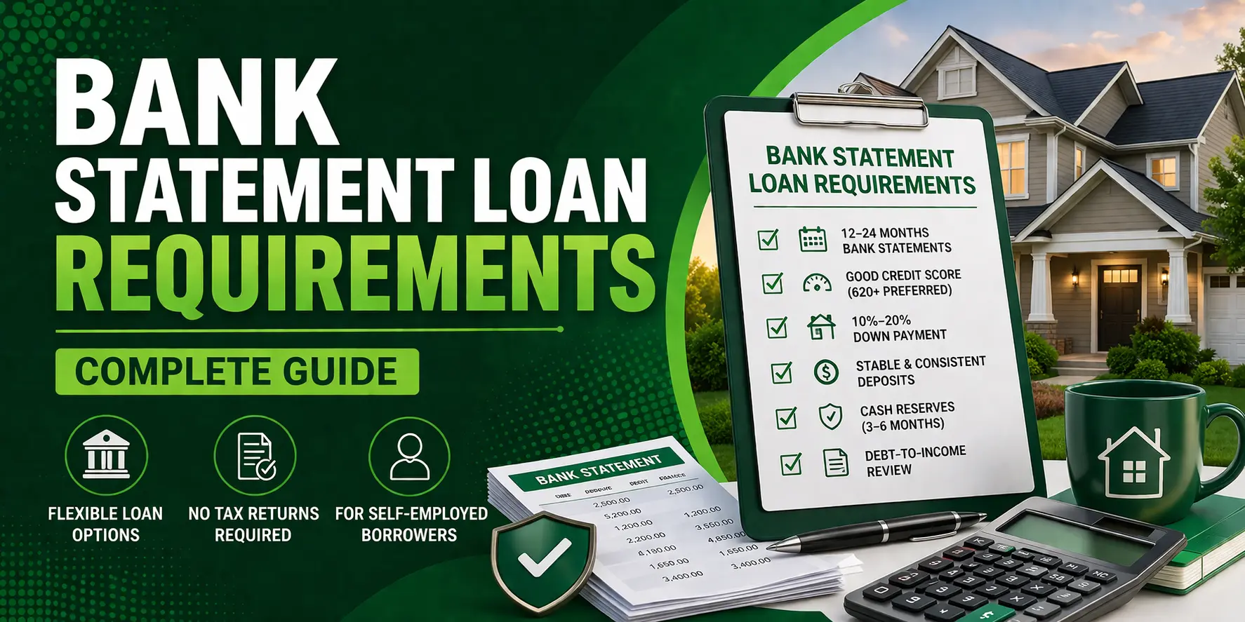 Checklist of bank statement loan requirements on clipboard with house, calculator, and coffee mug, highlighting flexible loan options for self-employed borrowers.