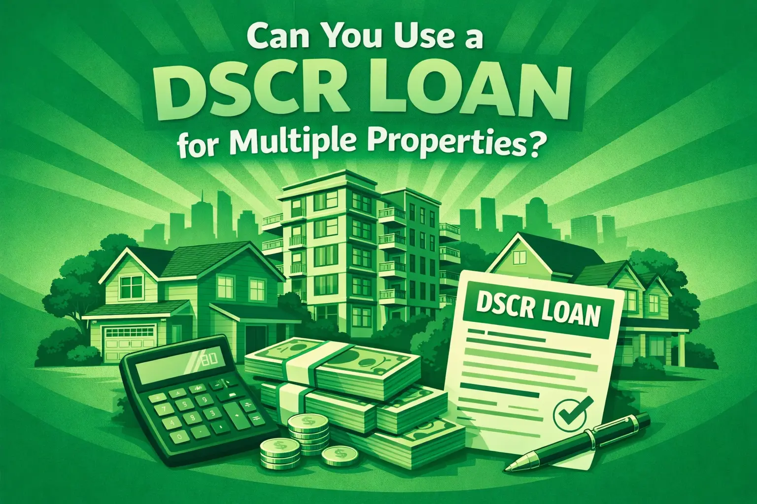 Illustration asking if a DSCR loan can be used for multiple properties, showing houses, cash, a calculator, and loan documents.