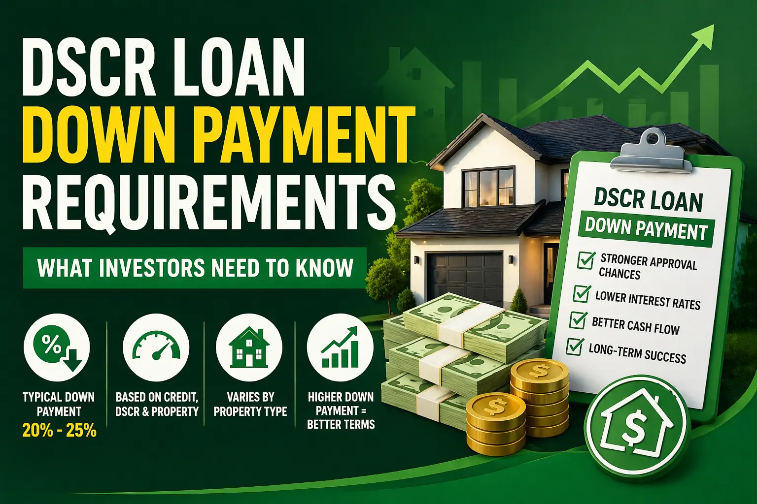 Infographic on DSCR loan down payment requirements for investors, showing benefits, typical payment (20-25%), and key approval factors.