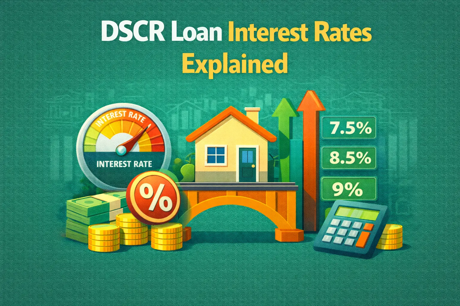 Illustration explaining DSCR loan interest rates with a house, interest gauge, percentage symbol, calculator, and rates 7.5%, 8.5%, 9%.
