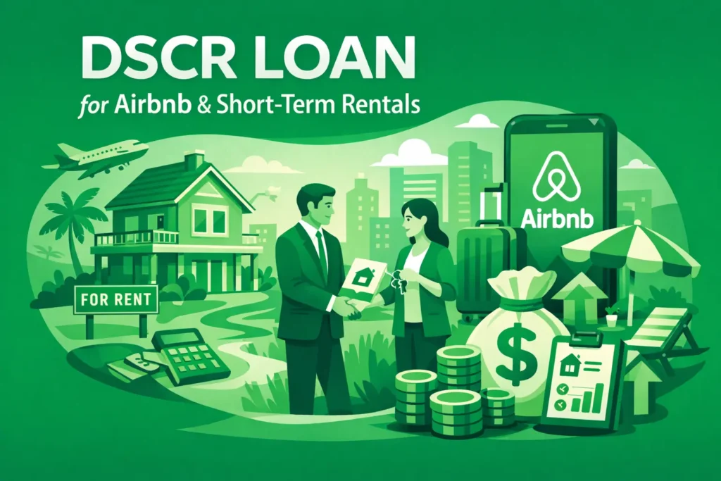 Illustration of DSCR loans for Airbnb and short-term rentals, showing handshake, house for rent, money, and Airbnb app on phone.