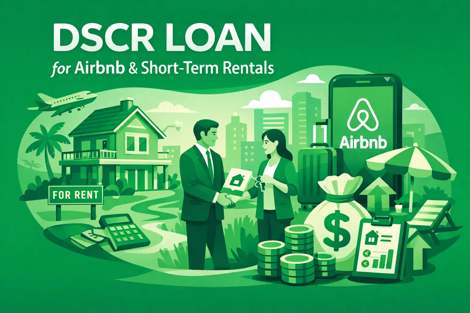 Illustration of DSCR loans for Airbnb and short-term rentals, showing handshake, house for rent, money, and Airbnb app on phone.