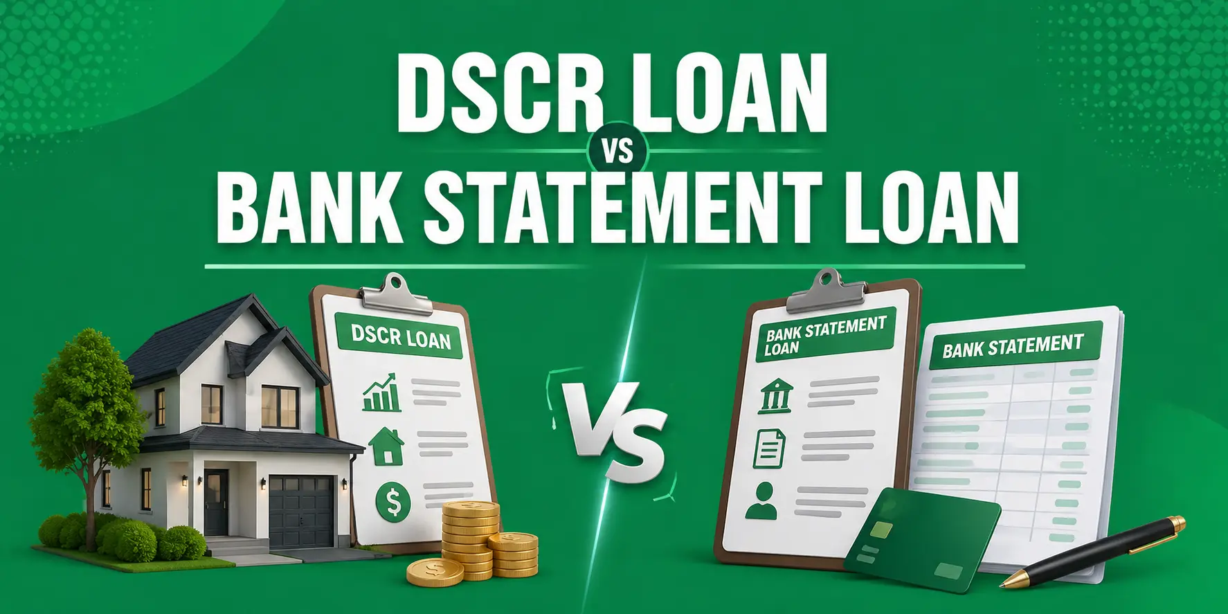 Comparison graphic of DSCR loan and bank statement loan with icons, documents, house, coins, credit card, and pen on green background.