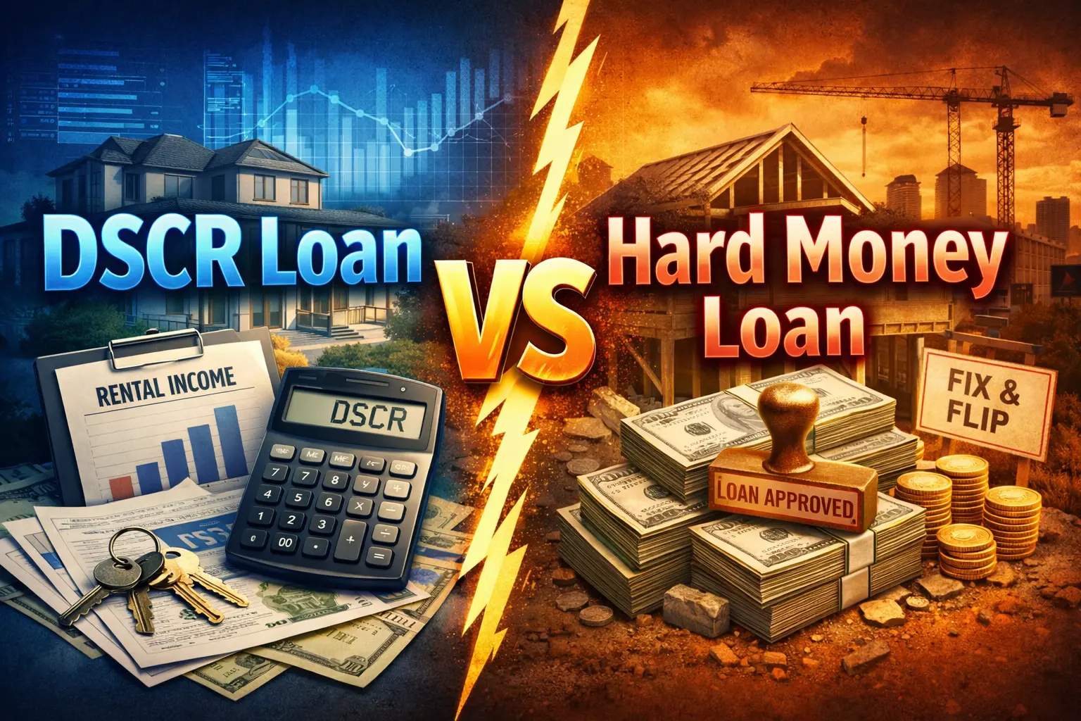 Split image contrasting DSCR Loan with rental income and calculator on blue side, and Hard Money Loan with cash stacks and construction on orange side.