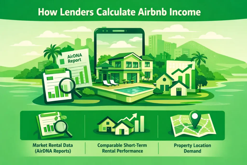 Illustration showing how lenders calculate Airbnb income using market rental data, short-term rental performance, and property location demand.