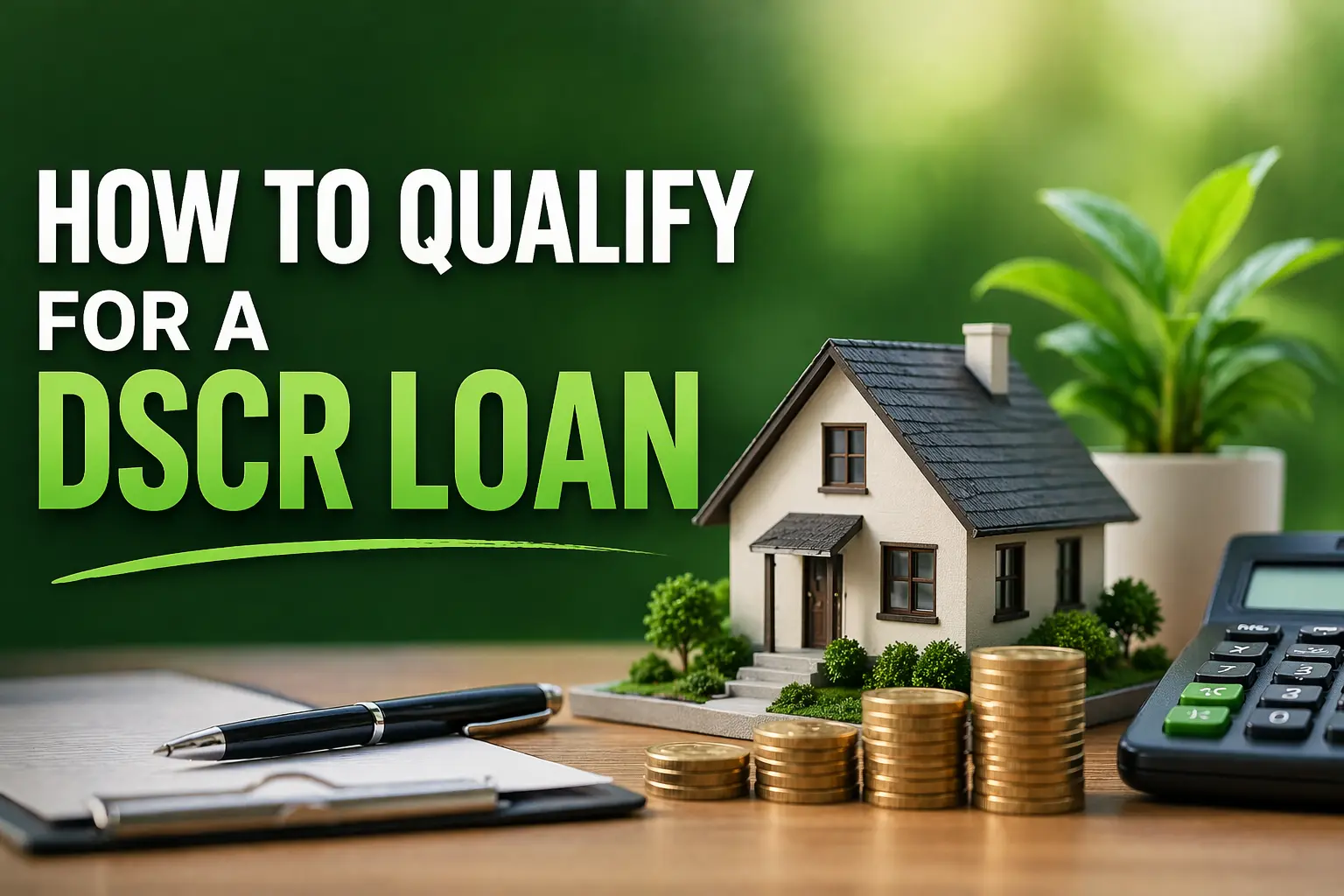 Text on wood table with model house, stacked coins, pen, clipboard, calculator, and plant: How to qualify for a DSCR loan.