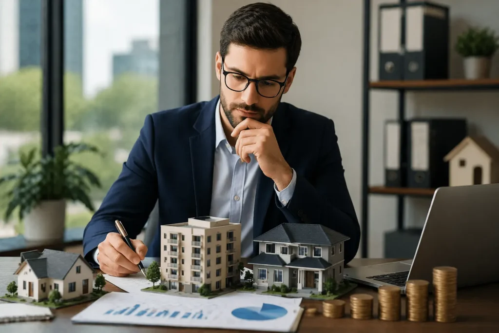 Real estate agent in suit analyzing property models and financial charts at a desk with laptop and stacked coins nearby.