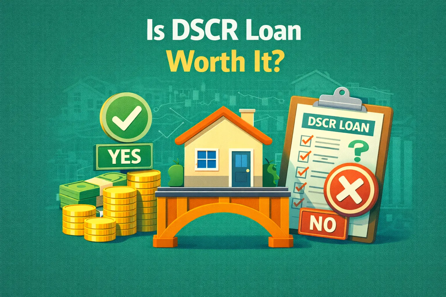 Illustration showing a house on a bridge with money stacks and a checklist comparing DSCR loan pros (yes) and cons (no).