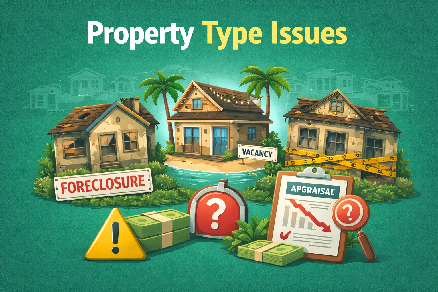 Illustration showing three distressed houses labeled foreclosure, vacancy, and caution tape, with money, warning signs, and appraisal issues.