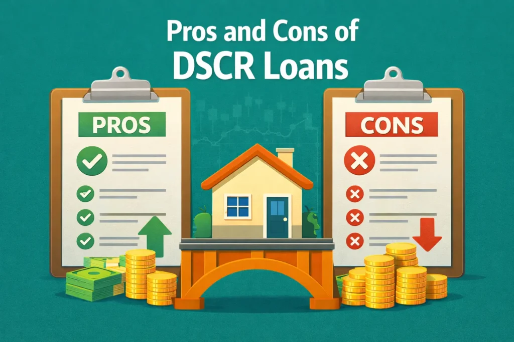 Illustration showing pros and cons of DSCR loans with checklists, a house on a bridge, stacks of cash, and gold coins.