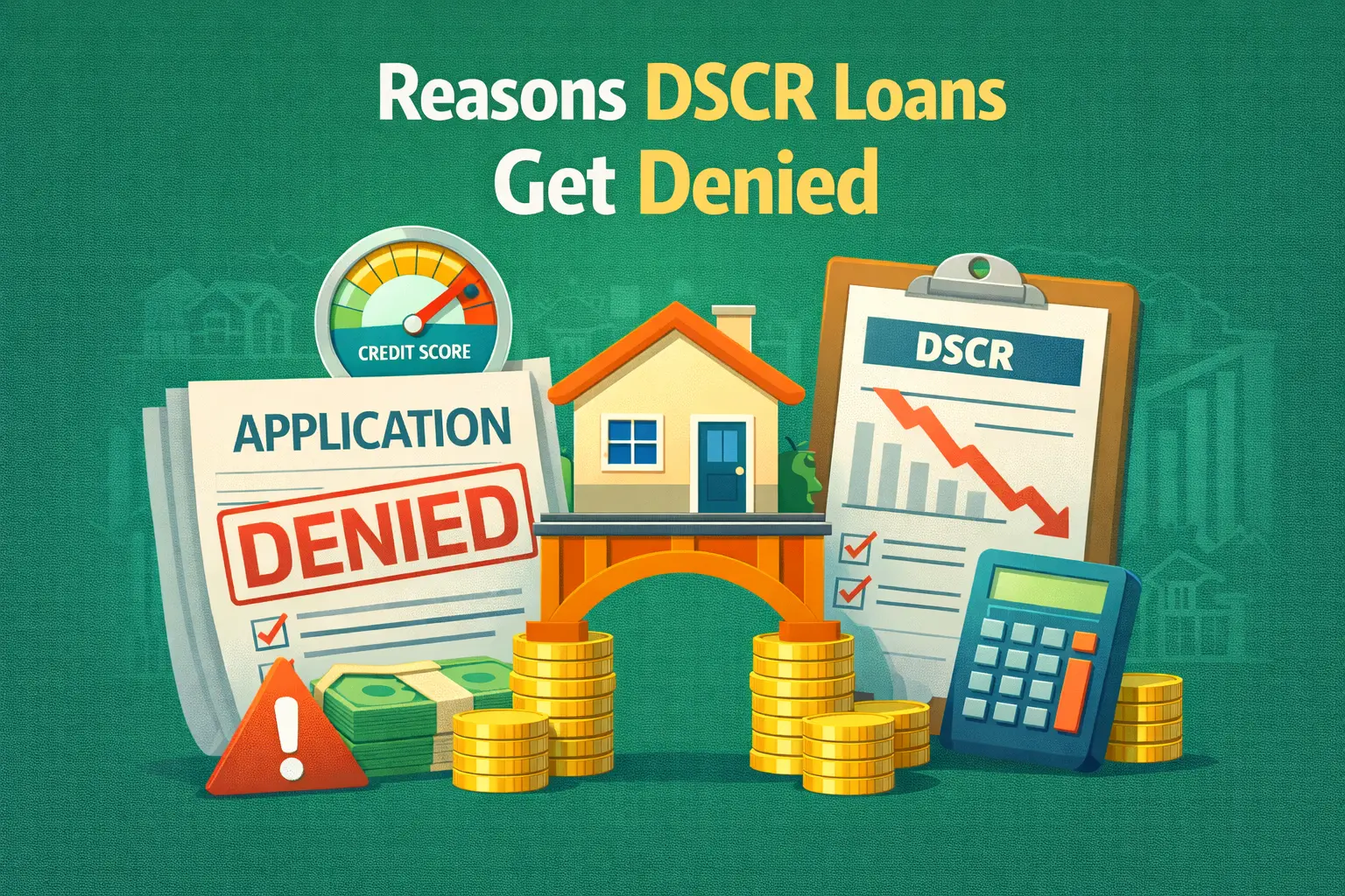 Graphic showing reasons DSCR loans get denied with a declined application, low credit score, falling DSCR chart, money stacks, and a house model.