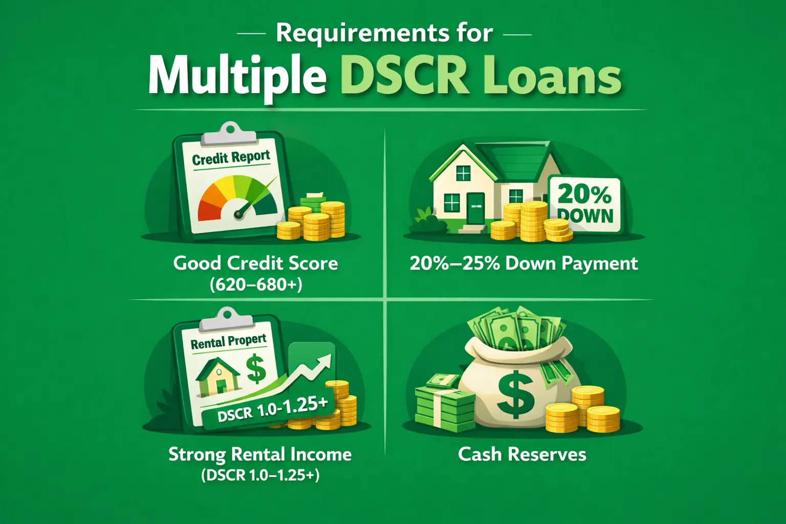 Requirements for multiple DSCR loans include good credit score (620-680+), 20-25% down payment, strong rental income (DSCR 1.0-1.25+), and cash reserves.